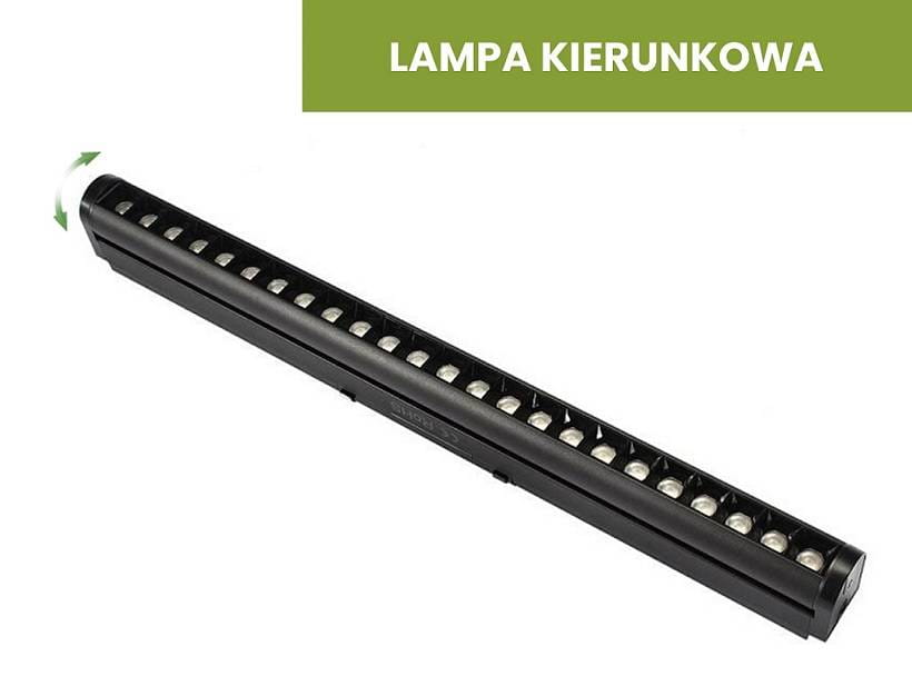 Lampa LED liniowa kierunkowa SLIM 24W/3000K w kolorze czarnym. Stojąca, z długim, prostokątnym korpusem, posiadająca wiele diod LED. Umożliwia regulację kierunku światła. Tło białe, co podkreśla detale produktu.