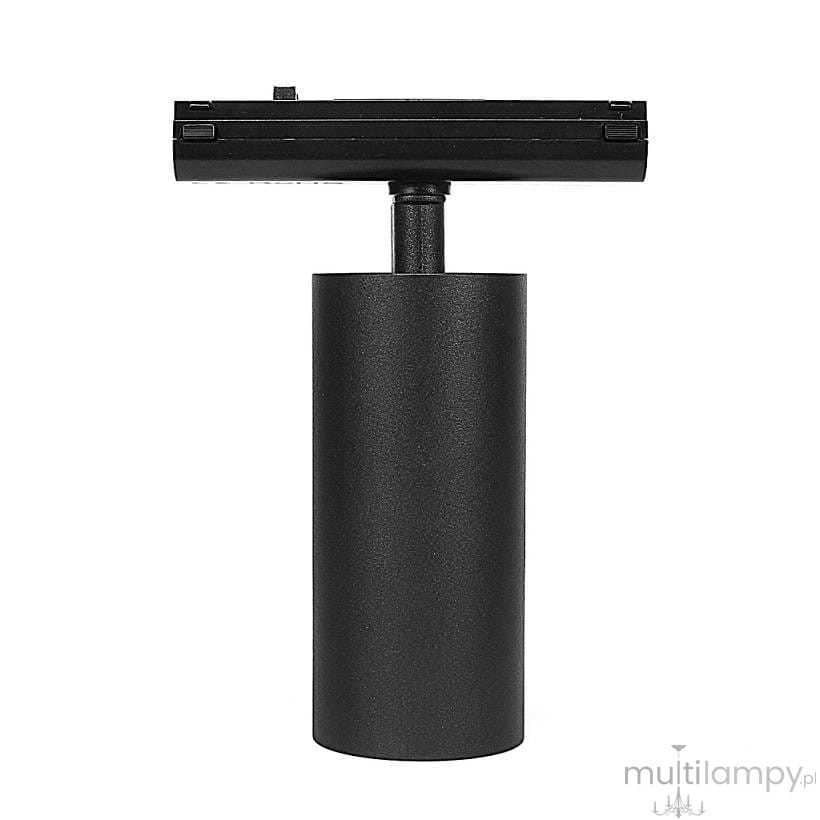 Reflektor spot LED do szyny magnetycznej SLIM 18W/4000K w kolorze czarnym, z cylindryczną podstawą i prostokątną głowicą. Ujęcie frontalne, produkt zamontowany na szynie, matowa powierzchnia. Idealny do oświetlenia wnętrz.