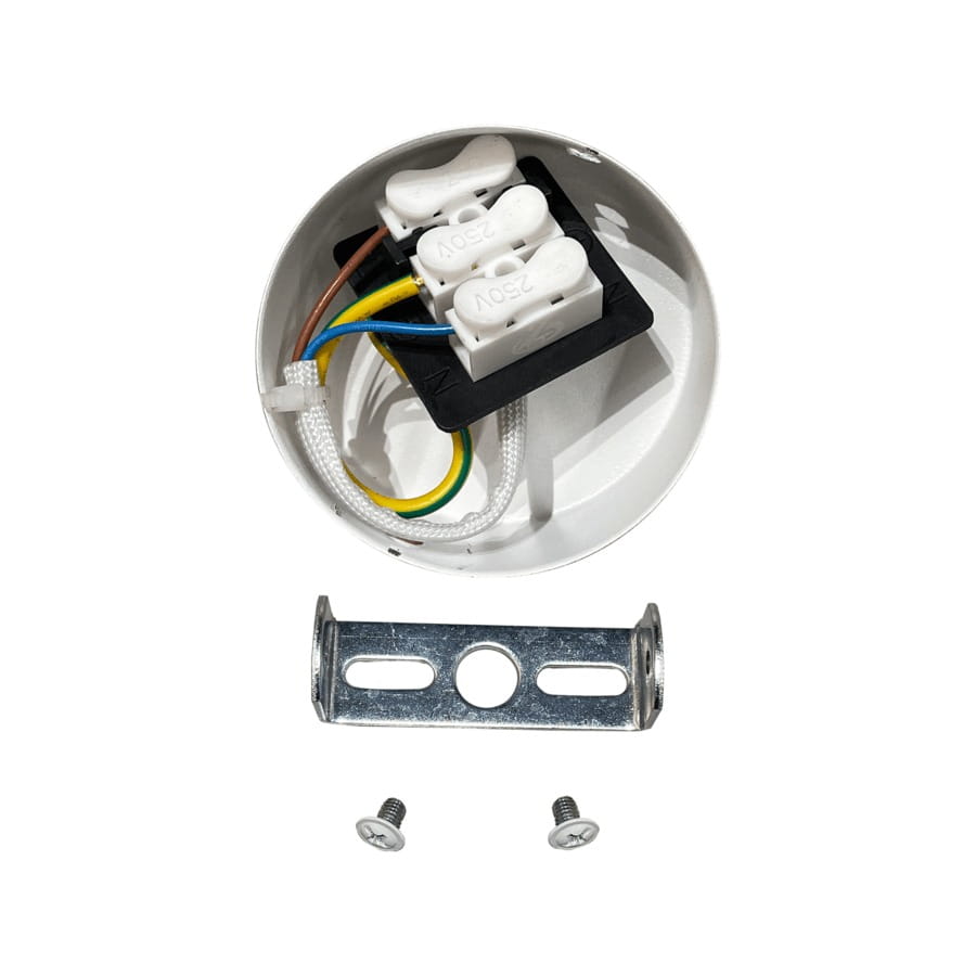 Lampa sufitowa Anillo LP-770/1W WH, biała, z widocznymi przewodami, kostką elektryczną oraz metalowym uchwytem montażowym. Produkt leży na płaskiej powierzchni, obok dwa srebrne śruby.