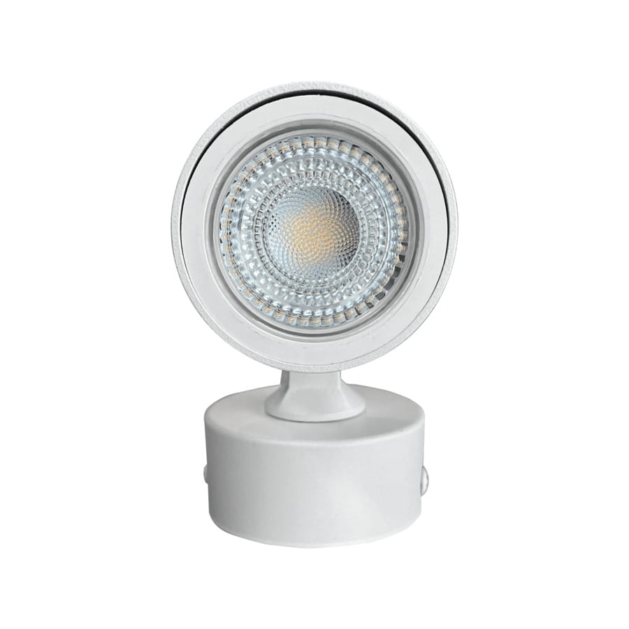 Lampa sufitowa Anillo 1xGU10 w kolorze białym, o okrągłym kształcie. Zainstalowana na podstawie w kształcie cylindrycznym, z widoczną żarówką. Ujęcie frontalne, ukazujące szczegóły reflektora i jego struktury.
