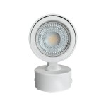 Lampa sufitowa Anillo 1xGU10 w kolorze białym, o okrągłym kształcie. Zainstalowana na podstawie w kształcie cylindrycznym, z widoczną żarówką. Ujęcie frontalne, ukazujące szczegóły reflektora i jego struktury.