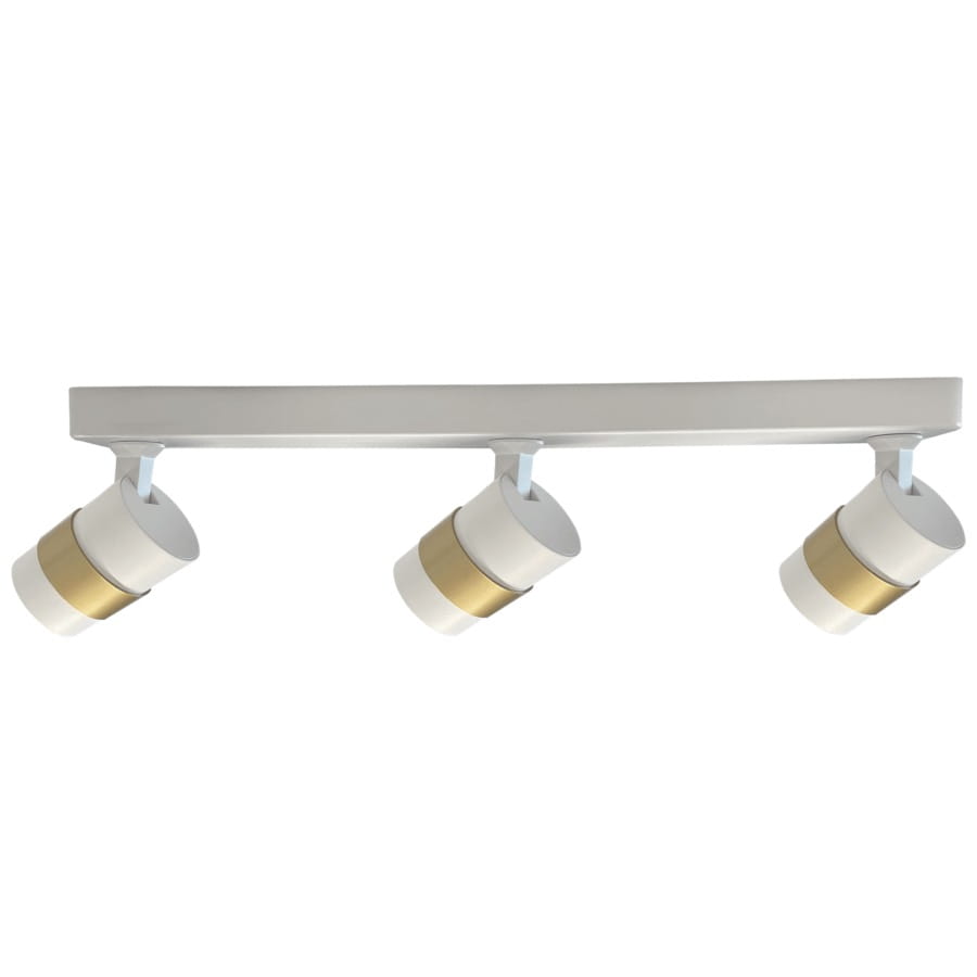 Lampa sufitowa Anillo z trzema reflektorami typu GU10, w białym kolorze z złotymi akcentami. Ułożona poziomo, z okrągłymi kloszami, z widoczną metalową podstawą. Idealna do nowoczesnych wnętrz, na białym tle.