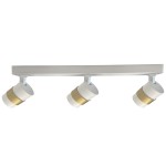 Lampa sufitowa Anillo z trzema reflektorami typu GU10, w białym kolorze z złotymi akcentami. Ułożona poziomo, z okrągłymi kloszami, z widoczną metalową podstawą. Idealna do nowoczesnych wnętrz, na białym tle.