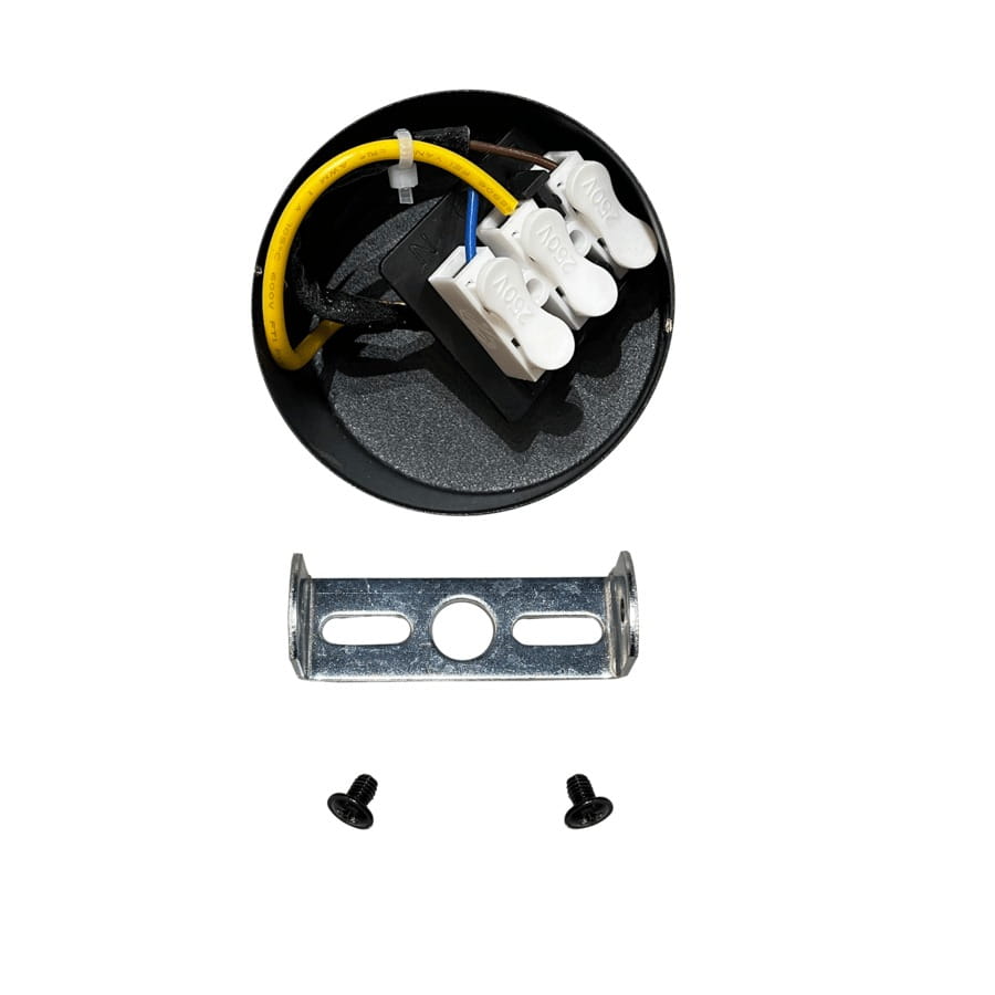 Czarna lampa sufitowa (spot) Anillo LP-770/1W BK z gniazdem GU10, widok z góry. Widoczne przewody, złącza oraz metalowy uchwyt montażowy z dwoma śrubami. Produkt w pozycji leżącej, na jasnym tle.