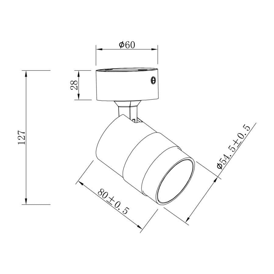 Czarna lampa sufitowa typu spot Anillo z gniazdem GU10. Kąt ujęcia z boku, pokazujący cylindryczny kształt oraz wymiary: średnica 60 mm, wysokość 127 mm. Widoczny detal mocowania. Idealna do nowoczesnych wnętrz.