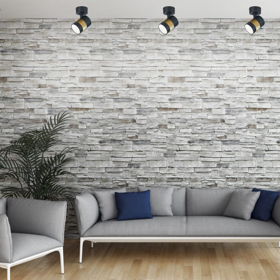 Czarna lampa sufitowa typu spot (1xGU10) z metalowym kloszem, zamontowana na suficie, oświetlająca jednolitą ścianę z kamienia. W tle widoczna szara sofa z niebieskimi poduszkami i roślina, na drewnianej podłodze.