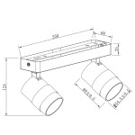 Lampa sufitowa Anillo w kolorze czarnym, z dwoma reflektorami na uchwycie. Wymiary: długość 250 mm, szerokość 60 mm, wysokość 124 mm. Reflektory o średnicy 54,5 mm, montowane na szynie. Przeznaczona do źródeł światła GU10.