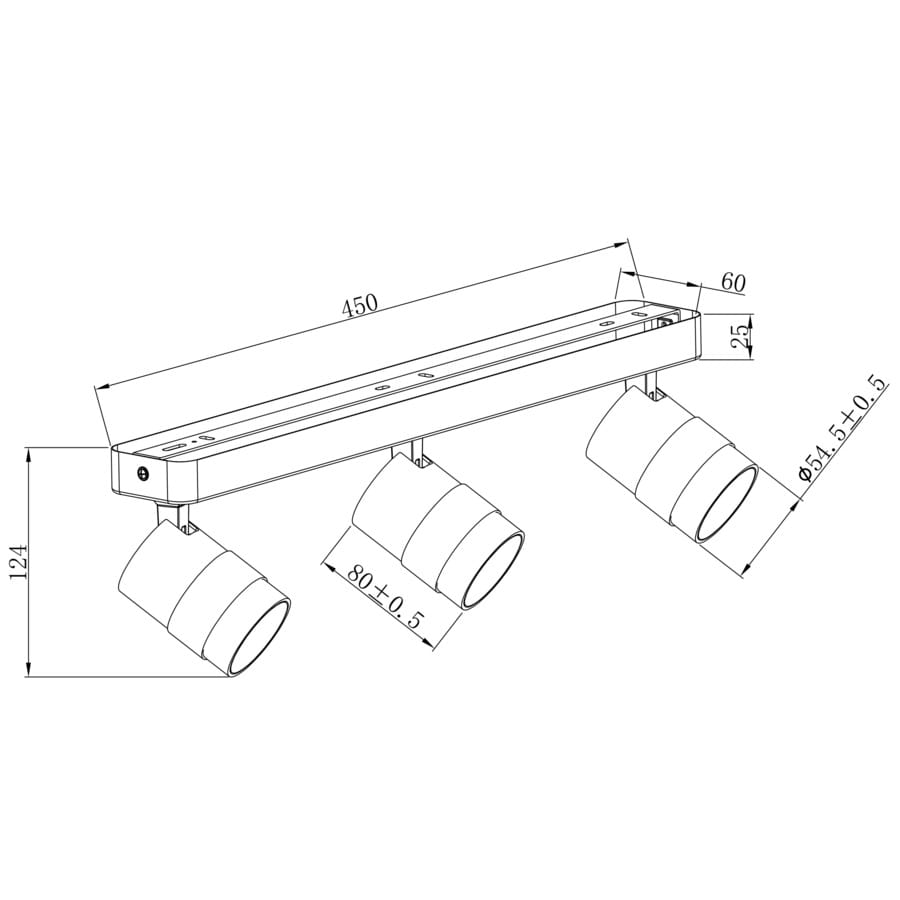Lampa sufitowa Anillo LP-770/3W BK, czarna, z trzema ruchomymi reflektorami GU10. Uchwyt prostokątny o wymiarach 450 mm x 60 mm, wysokość 124 mm. Reflektory cylindryczne o średnicy 80 mm, umożliwiające kierunkowe oświetlenie.