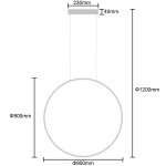 Lampa wisząca LED Mirror D90 o średnicy 900 mm i wysokości 1200 mm, w kolorze białym. Posiada okrągły kształt, moc 50W, oraz klasę ochrony IP44. Montaż na suficie z widocznymi przewodami.