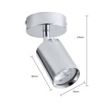 Lampa sufitowa Belize w wykończeniu chromowanym, z ruchomym kloszem o średnicy 80 mm. Wysokość 135 mm, szerokość 55 mm. Umożliwia skierowanie światła w dowolnym kierunku, idealna do oświetlenia wnętrz.