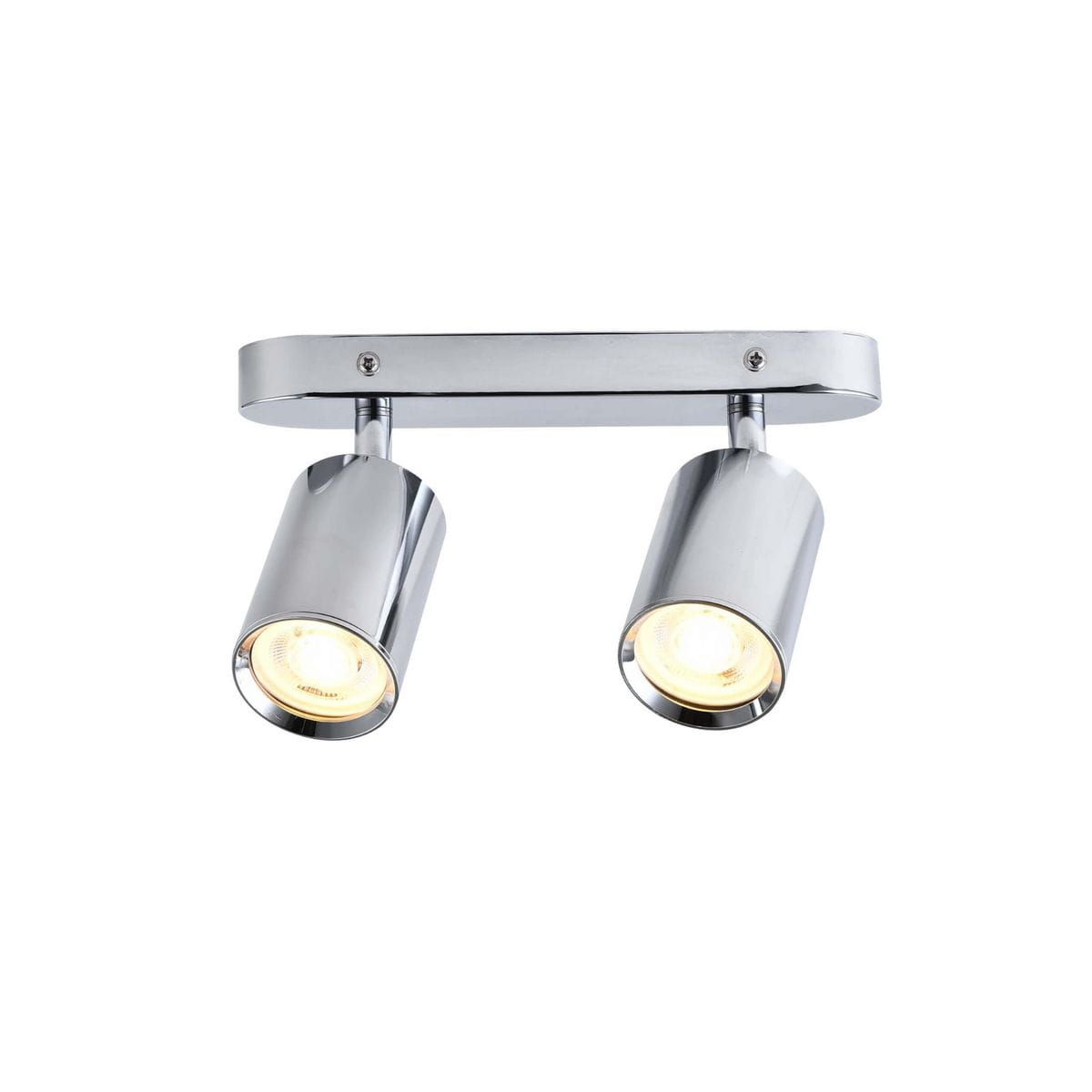 Lampa sufitowa Belize z dwoma reflektorami GU10 w chromowanej obudowie. Ujęcie frontalne, montowana na suficie, z widocznymi, okrągłymi kloszami. Całość ma minimalistyczny design, idealna do nowoczesnych wnętrz.