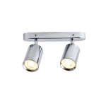 Lampa sufitowa Belize z dwoma reflektorami GU10 w chromowanej obudowie. Ujęcie frontalne, montowana na suficie, z widocznymi, okrągłymi kloszami. Całość ma minimalistyczny design, idealna do nowoczesnych wnętrz.