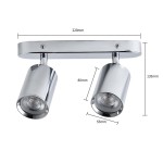 Lampa sufitowa Belize w chromie, z dwoma spotami GU10. Wymiary: 220 mm szerokości, 135 mm wysokości, 80 mm średnicy reflektorów. Ujęcie frontalne, mocowana do sufitu, minimalistyczny design z błyszczącym wykończeniem.