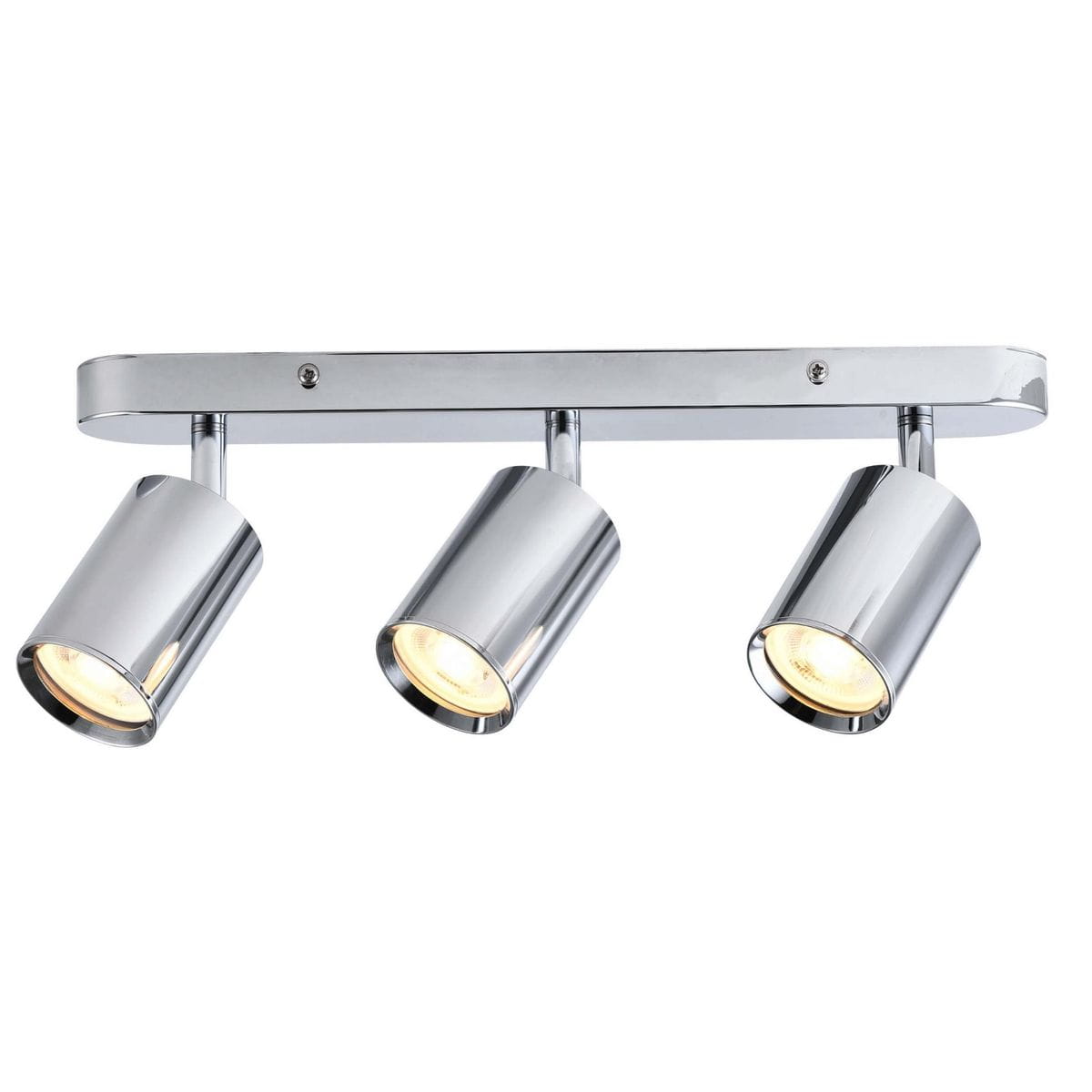 Lampa sufitowa Belize, chromowana, z trzema ruchomymi spotami GU10. Elementy mają cylindryczny kształt, zamocowane na prostokątnej podstawie. Światło emitowane przez żarówki skupione na wybranym obszarze. Tło białe.