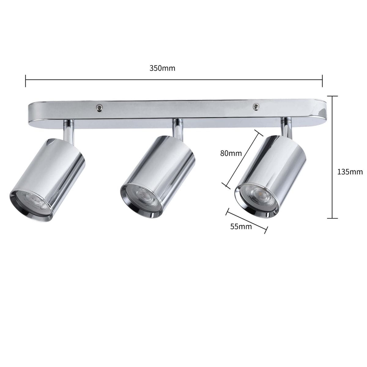 Lampa sufitowa Belize, chromowana, z trzema reflektorami GU10. Ułożona w poziomie, z wymiarami 350 mm szerokości, 135 mm wysokości i 80 mm średnicy reflektorów. Reflektory są ruchome, co umożliwia kierowanie światła w różne miejsca.