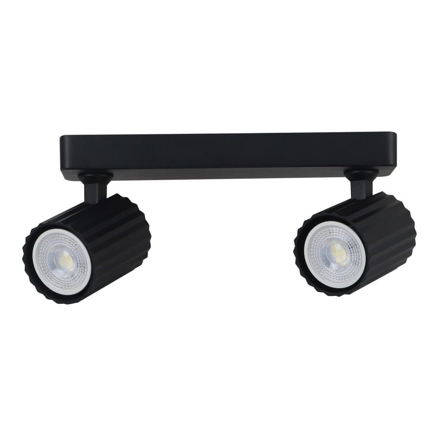 Czarna lampa sufitowa Tokio z dwoma reflektorami GU10, zamontowana na prostokątnej podstawie. Reflektory mają teksturowane, cylindryczne obudowy. Produkt widoczny w ujęciu frontalnym.
