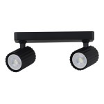 Czarna lampa sufitowa Tokio z dwoma reflektorami GU10, zamontowana na prostokątnej podstawie. Reflektory mają teksturowane, cylindryczne obudowy. Produkt widoczny w ujęciu frontalnym.