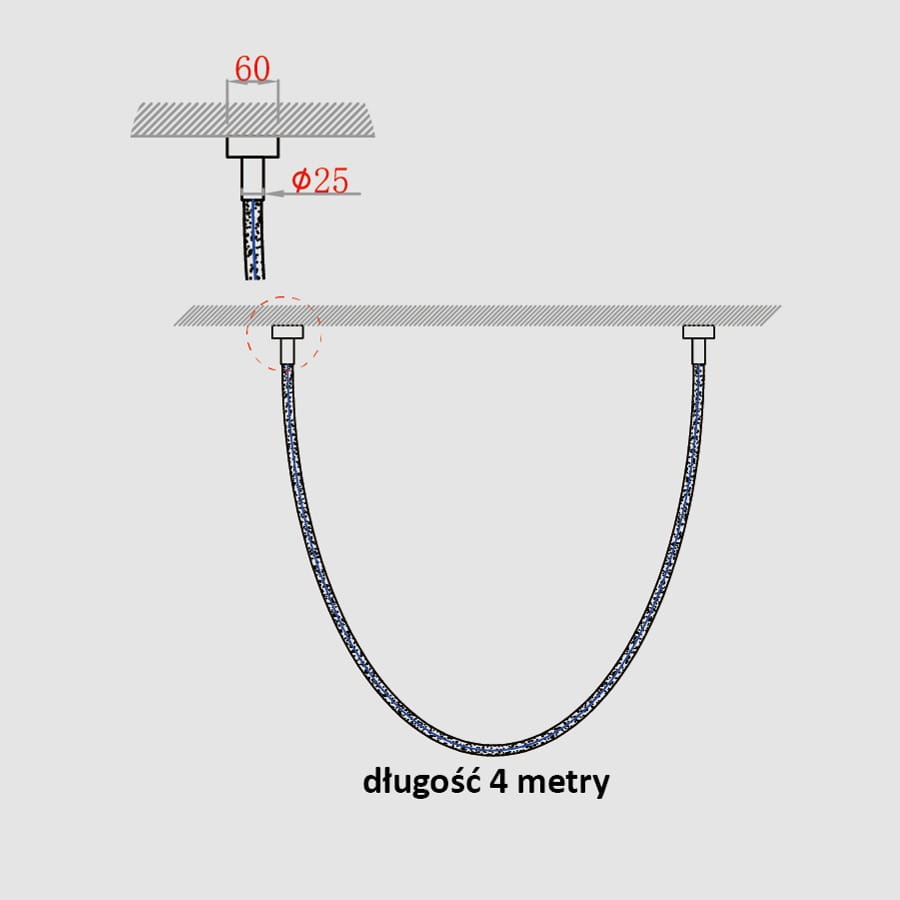 Lampa wisząca Rope Light 1xLED/97W w złotym kolorze, z przewodem o długości 4 metrów. Widok z góry pokazujący sposób mocowania oraz średnicę przewodu wynoszącą 25 mm. Długość całkowita 60 mm. Idealna do nowoczesnych wnętrz.