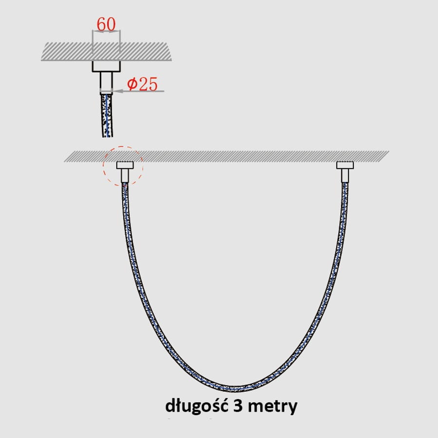Lampa wisząca Rope Light LP-642/3M z 1xLED i długością 3 metrów. Zawieszenie o średnicy 25 mm, z wykończeniem w kolorze złotym. Widoczne detale konstrukcyjne i długość w opisie.