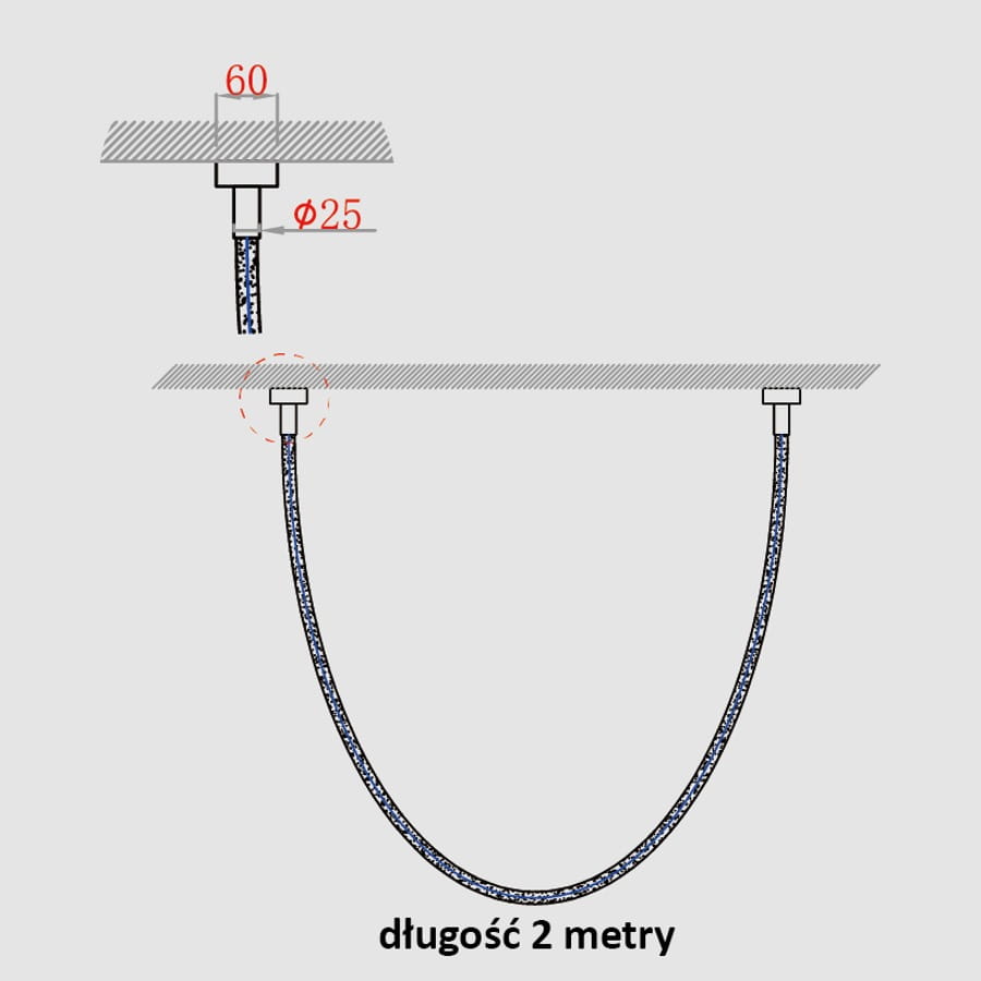Lampa wisząca Rope Light, 1xLED/50W, w kolorze złotym, z kablem o długości 2 metrów. Pokazuje sposób montażu z detalami dotyczącymi średnicy (φ25) i wysokości (60 mm). Kąt ujęcia z boku, na prostym tle.
