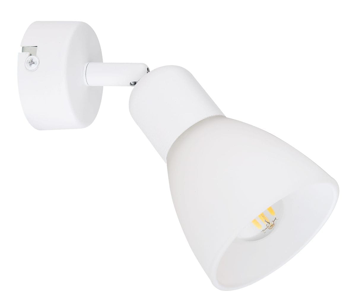 Kinkiet Malta w kolorze białym, z pojedynczym źródłem światła 1x14W. Posiada minimalistyczny, stożkowy klosz z matowego szkła oraz okrągłą podstawę. Ujęcie z boku, ukazujące ruchomą konstrukcję lampy.