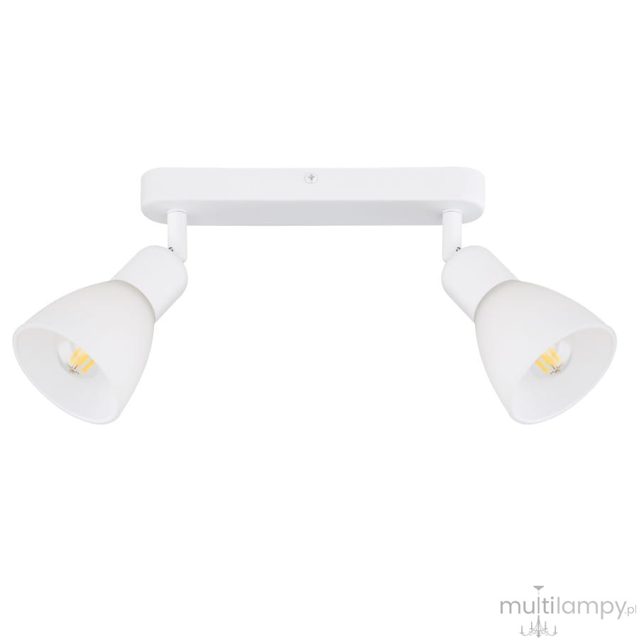 Lampa sufitowa Malta, w białym kolorze, z dwoma regulowanymi reflektorami. Każdy reflektor ma cylindryczny kształt z matowym wykończeniem. Umożliwia oświetlenie w różnych kierunkach, montowana na prostokątnej podstawie.