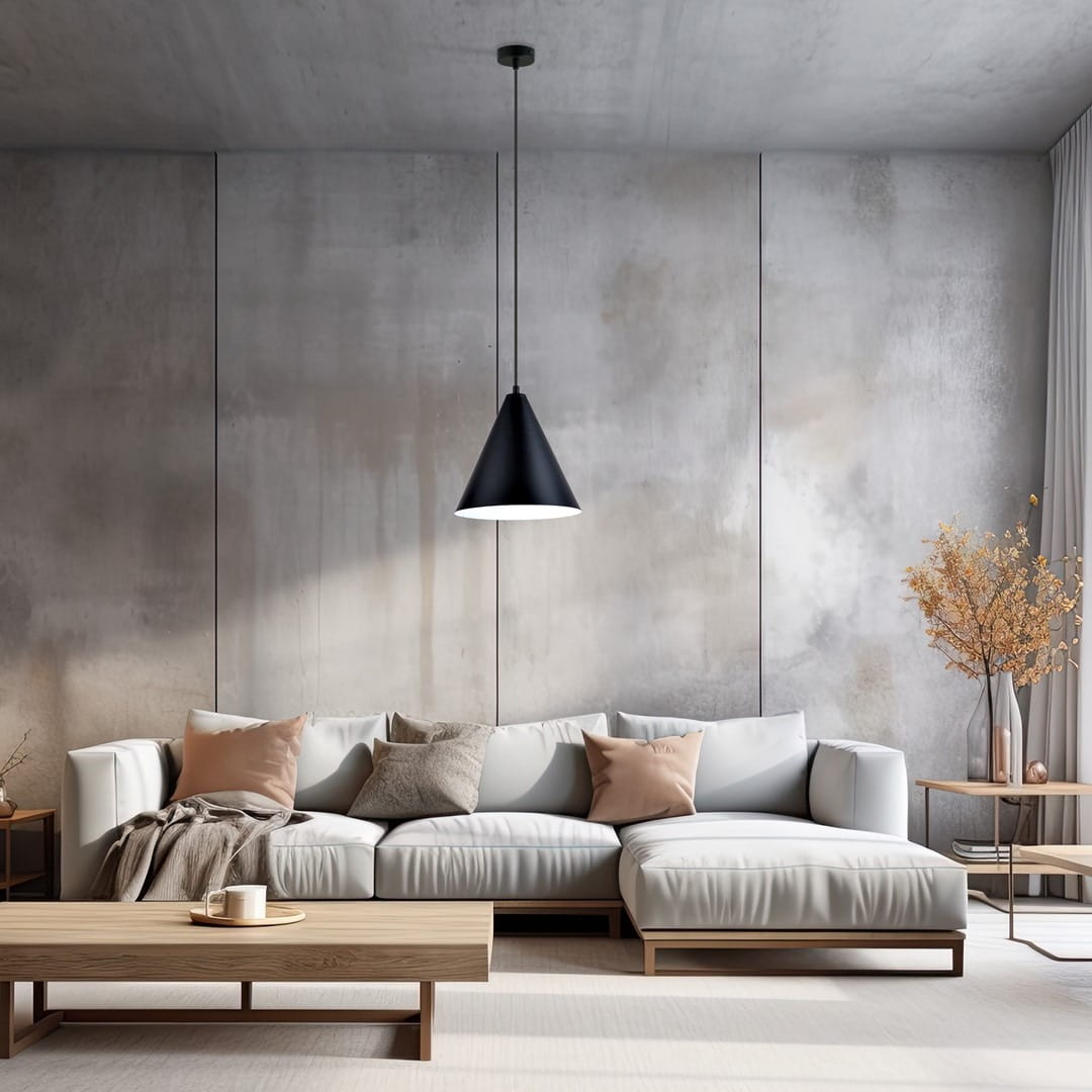 Lampa wisząca Rebel w kolorze czarnym i białym, z metalowym kloszem w kształcie stożka, zawieszona na cienkim przewodzie. W tle nowoczesny salon z jasną sofą, drewnianym stolikiem i dekoracjami.