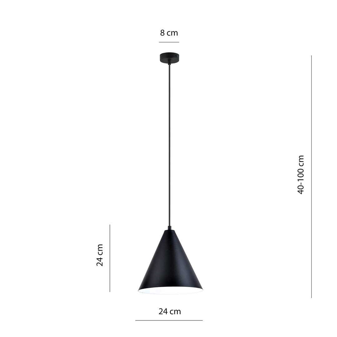 Lampa wisząca Rebel 1xE27 w kolorze czarnym i białym, w kształcie stożka. Wymiary: wysokość 24 cm, średnica 24 cm, długość zawieszenia 40-100 cm. Prosta konstrukcja, metalowy klosz z wnętrzem w białym kolorze, zawieszona na cienkim przewodzie.
