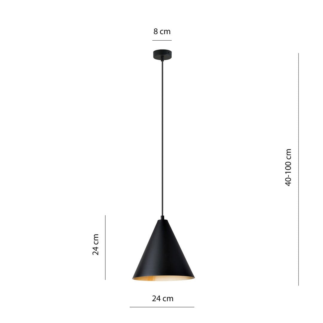 Lampa wisząca Rebel 1xE27 w kolorze czarnym z złotym wnętrzem, o kształcie stożkowym. Wymiary: wysokość 24 cm, średnica 24 cm, regulowana wysokość od 40 do 100 cm. Montowana na suficie, z cienkim przewodem.