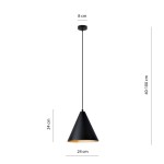 Lampa wisząca Rebel 1xE27 w kolorze czarnym z złotym wnętrzem, o kształcie stożkowym. Wymiary: wysokość 24 cm, średnica 24 cm, regulowana wysokość od 40 do 100 cm. Montowana na suficie, z cienkim przewodem.