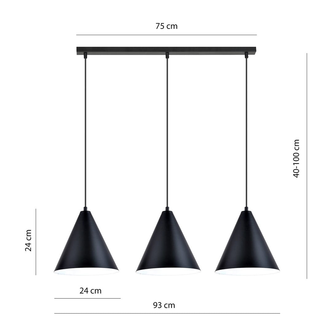 Lampa wisząca Rebel 3xE27 w kolorze czarnym i białym, z trzema stożkowymi kloszami o średnicy 24 cm, zawieszona na prostokątnej, czarnej podstawie. Regulowana wysokość od 40 do 100 cm, długość podstawy 75 cm, szerokość 93 cm.