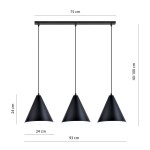 Lampa wisząca Rebel 3xE27 w kolorze czarnym i białym, z trzema stożkowymi kloszami o średnicy 24 cm, zawieszona na prostokątnej, czarnej podstawie. Regulowana wysokość od 40 do 100 cm, długość podstawy 75 cm, szerokość 93 cm.