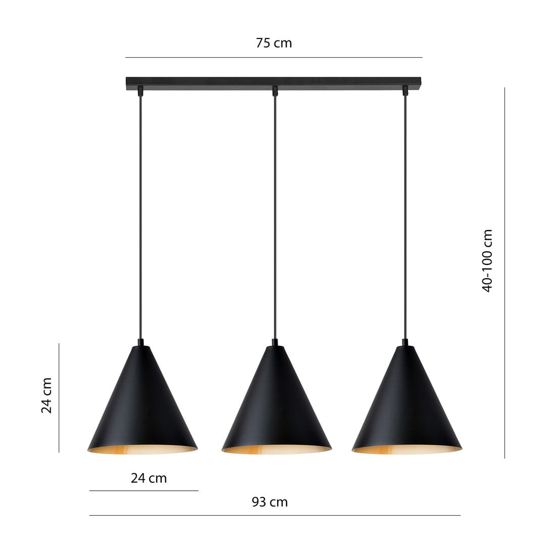 Lampa wisząca Rebel 3xE27 w kolorze czarnym z złotym wnętrzem. Składa się z trzech stożkowych kloszy o wysokości 24 cm i średnicy 24 cm, zawieszonych na prostokątnej podstawie o długości 75 cm. Regulowana wysokość od 40 do 100 cm.