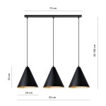 Lampa wisząca Rebel 3xE27 w kolorze czarnym z złotym wnętrzem. Składa się z trzech stożkowych kloszy o wysokości 24 cm i średnicy 24 cm, zawieszonych na prostokątnej podstawie o długości 75 cm. Regulowana wysokość od 40 do 100 cm.