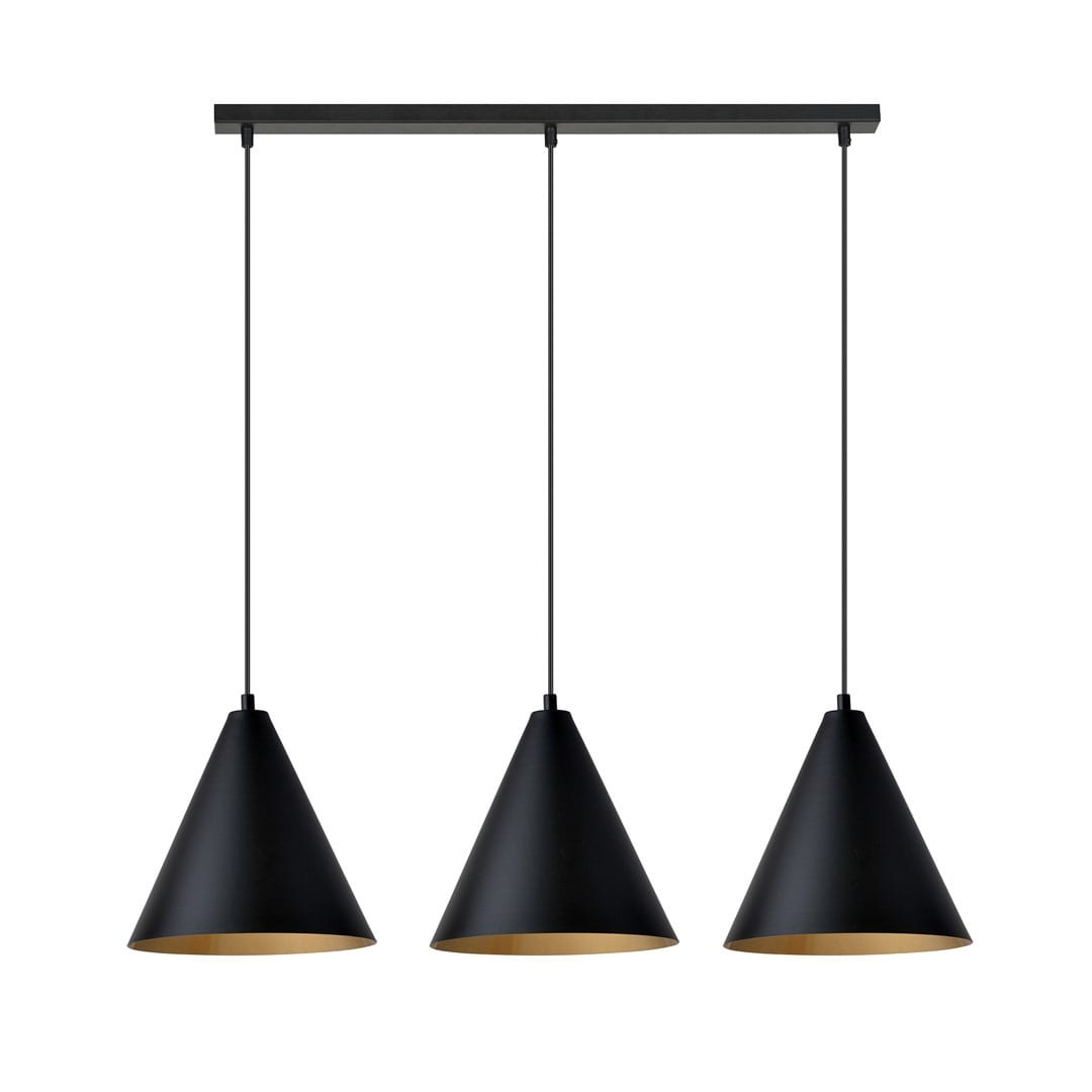 Lampa wisząca Rebel 3xE27 w kolorze czarnym z złotymi wnętrzami, o stożkowym kształcie. Zawieszona na cienkich linkach, z prostokątnym wieszakiem. Idealna do nowoczesnych wnętrz.