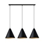 Lampa wisząca Rebel 3xE27 w kolorze czarnym z złotymi wnętrzami, o stożkowym kształcie. Zawieszona na cienkich linkach, z prostokątnym wieszakiem. Idealna do nowoczesnych wnętrz.