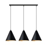 Lampa wisząca Rebel 3xE27 w kolorze czarnym i złotym. Produkt zawiera trzy stożkowe klosze zawieszone na cienkich linkach. Ułożenie poziome, zamontowana na prostokątnej podstawie. Wnętrze kloszy w kolorze złotym, co kontrastuje z czernią.