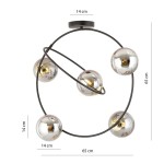 Lampa sufitowa Stardom 5xE14 w kolorze czarnym i grafitowym. Okrągły kształt z pięcioma metalicznymi kulami o średnicy 14 cm, zawieszona na cienkim, czarnym stelażu. Wysokość całkowita 65 cm, średnica montażu 14 cm.