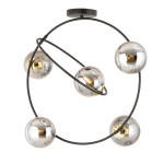 Lampa sufitowa Stardom 5xE14 w kolorze czarnym i grafitowym. Okrągła konstrukcja z pięcioma metalicznymi kulami, każda z widoczną żarówką, zawieszona na cienkim, czarnym stelażu. Ujęcie z góry, ukazujące detale i nowoczesny design.