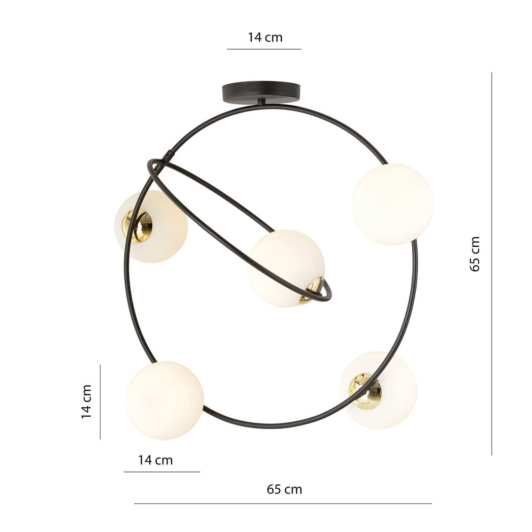 Lampa sufitowa Stardom z pięcioma oprawkami E14 w czarnej i białej kolorystyce. Okrągła konstrukcja z metalowym stelażem, zawieszona, o wymiarach 65 cm średnicy i 14 cm wysokości, z białymi, półprzezroczystymi kloszami.