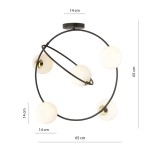 Lampa sufitowa Stardom z pięcioma oprawkami E14 w czarnej i białej kolorystyce. Okrągła konstrukcja z metalowym stelażem, zawieszona, o wymiarach 65 cm średnicy i 14 cm wysokości, z białymi, półprzezroczystymi kloszami.