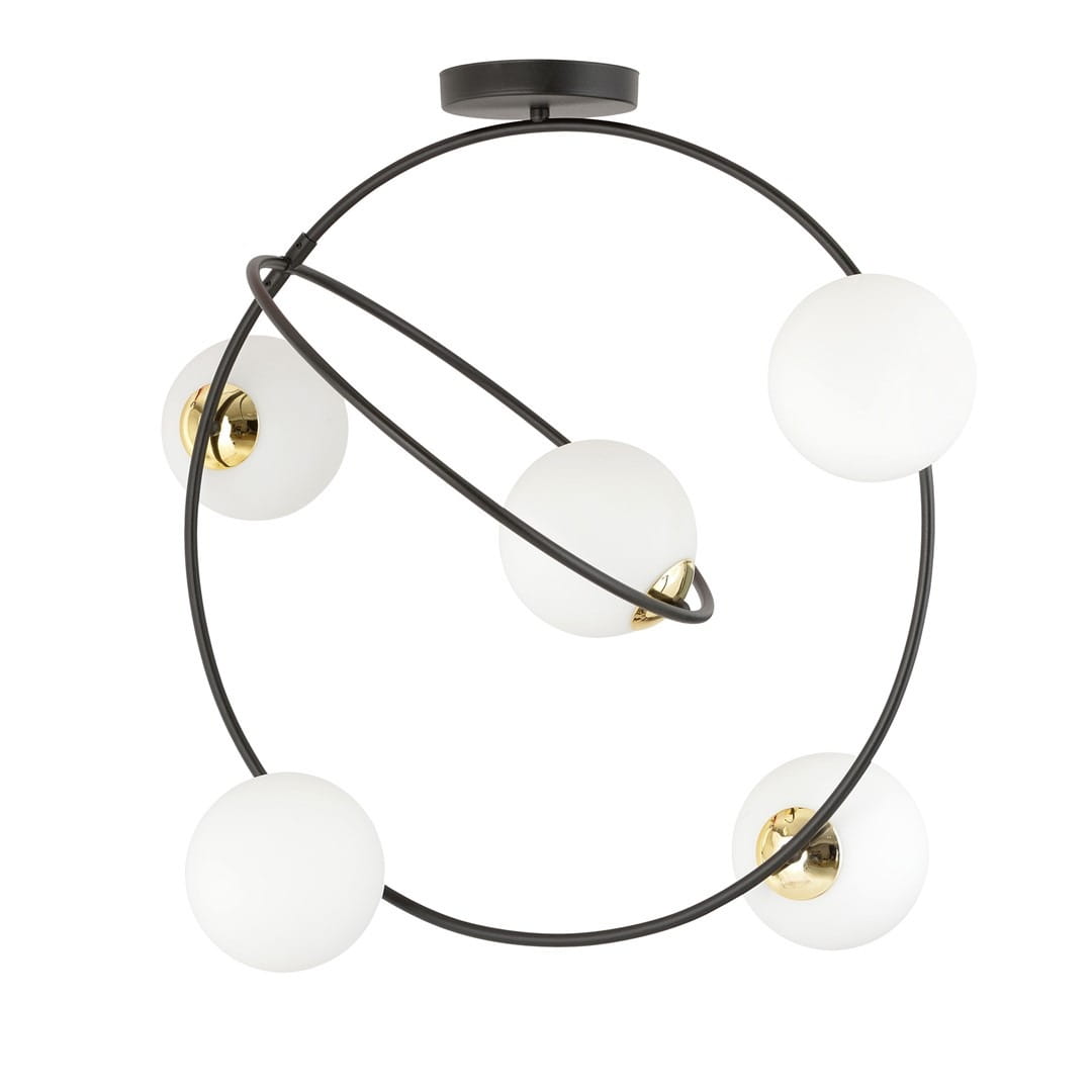 Lampa sufitowa Stardom 5xE14 w kolorze czarnym i białym, z pięcioma kulistymi kloszami z matowego szkła i złotymi detalami, umieszczona na czarnym, okrągłym stelażu. Produkt widoczny z góry, w nowoczesnym stylu.