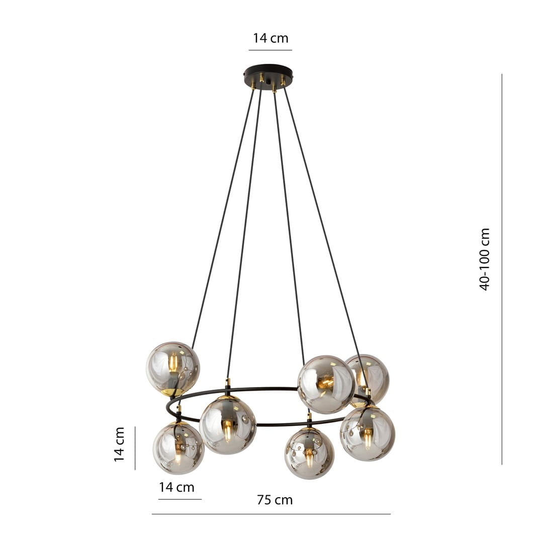 Lampa wisząca Azura z 8 miejscami na żarówki E14 w kolorze czarnym i grafitowym. Okrągła konstrukcja z przezroczystymi kulkami o średnicy 14 cm, zawieszona na regulowanych linkach o długości 40-100 cm. Wymiary: 75 cm średnicy.