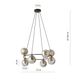Lampa wisząca Azura z 8 miejscami na żarówki E14 w kolorze czarnym i grafitowym. Okrągła konstrukcja z przezroczystymi kulkami o średnicy 14 cm, zawieszona na regulowanych linkach o długości 40-100 cm. Wymiary: 75 cm średnicy.