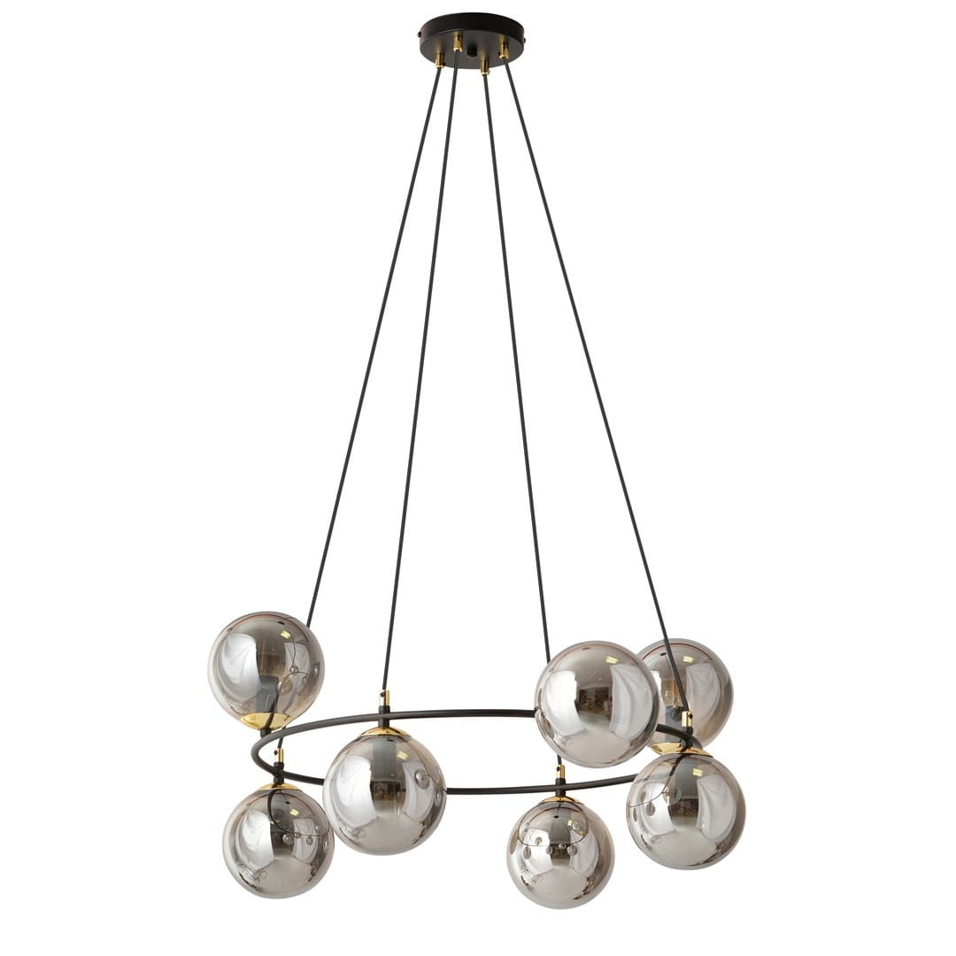 Lampa wisząca Azura z 8 miejscami na żarówki E14, w kolorze czarnym i grafitowym. Okrągła konstrukcja z metalowym stelażem, zawieszona na cienkich linkach. Szklane kuliste klosze w metalicznym wykończeniu, z widocznymi elementami montażowymi.