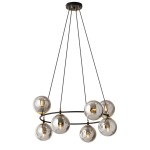 Lampa wisząca Azura z 8 kloszami E14 w kolorze czarnym i grafitowym. Zawieszona na cienkich linkach, okrągła konstrukcja z przezroczystymi, kulistymi kloszami, które eksponują źródła światła.