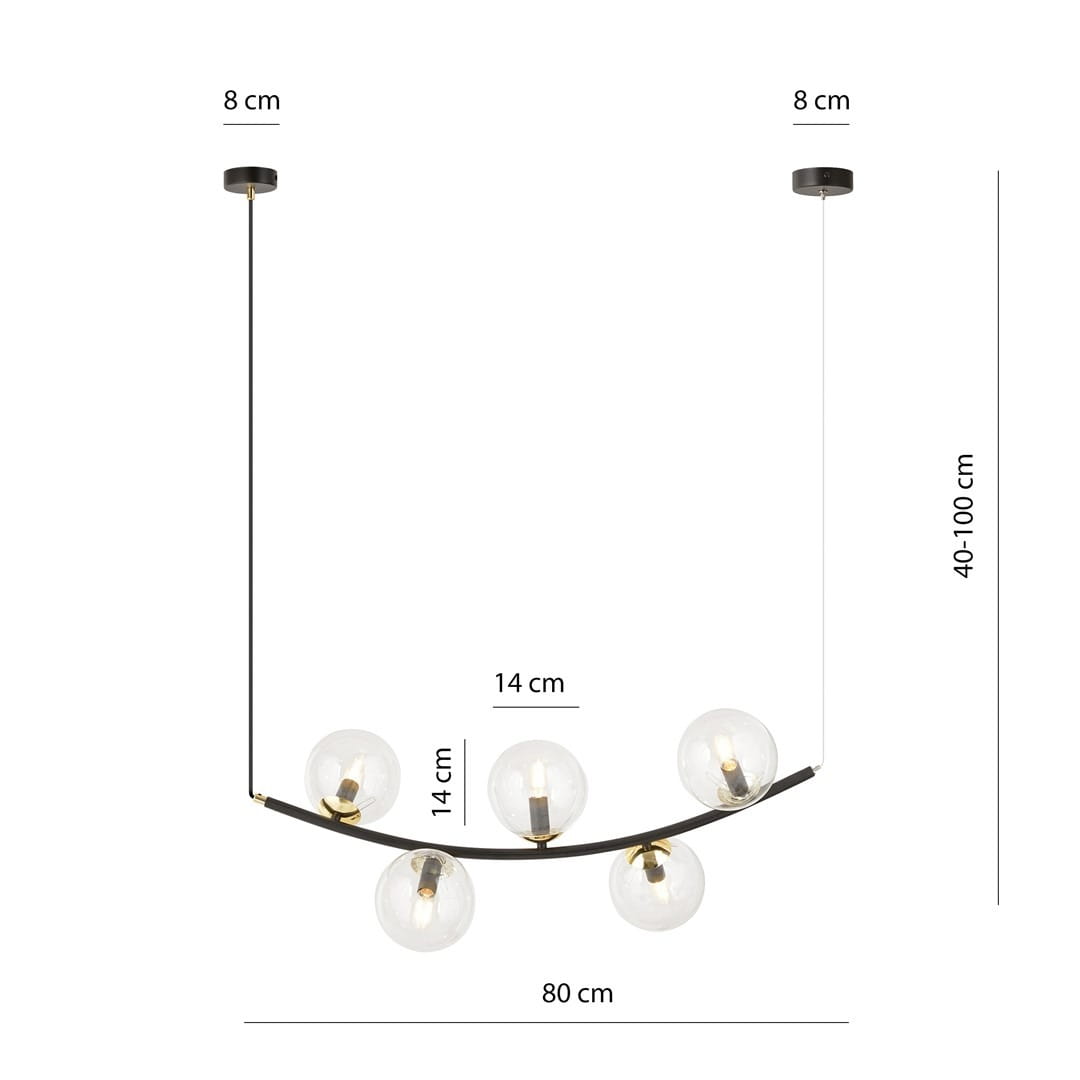 Lampa wisząca Ritz z pięcioma oprawami E14, czarna z transparentnymi kloszami. Zawieszona na cienkim kablu, z regulowaną wysokością od 40 do 100 cm. Wymiary: 80 cm szerokości, 14 cm wysokości kloszy, 8 cm średnicy podstawy.