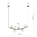 Lampa wisząca Ritz z pięcioma oprawami E14, czarna z transparentnymi kloszami. Zawieszona na cienkim kablu, z regulowaną wysokością od 40 do 100 cm. Wymiary: 80 cm szerokości, 14 cm wysokości kloszy, 8 cm średnicy podstawy.