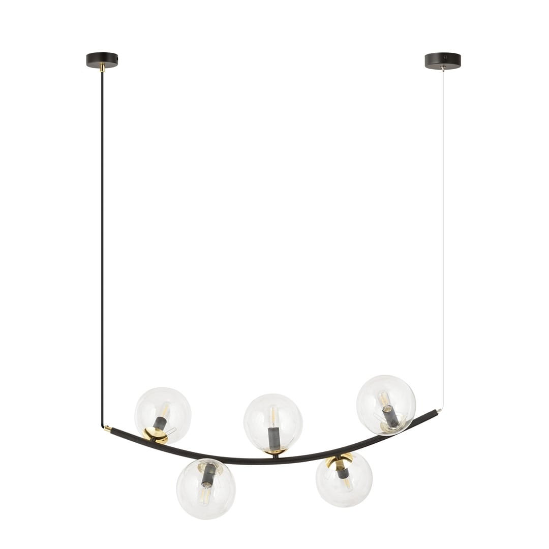 Lampa wisząca Ritz z pięcioma miejscami na żarówki E14, w kolorze czarnym i transparentnym. Szklane kuliste klosze umieszczone na łuku, metalowa konstrukcja z elementami w kolorze złotym. Produkt zawieszony na cienkim kablu.
