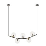 Lampa wisząca Ritz z pięcioma miejscami na żarówki E14, w kolorze czarnym i transparentnym. Szklane kuliste klosze umieszczone na łuku, metalowa konstrukcja z elementami w kolorze złotym. Produkt zawieszony na cienkim kablu.